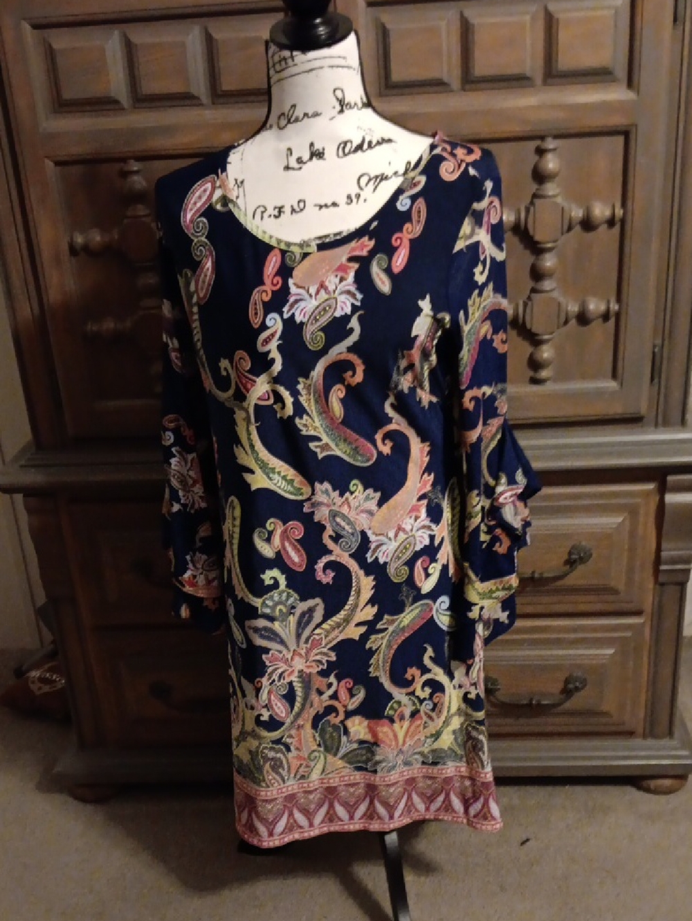 Haani Navy Paisley-Print Long Sleeve Dress with Pink and Gold Accents